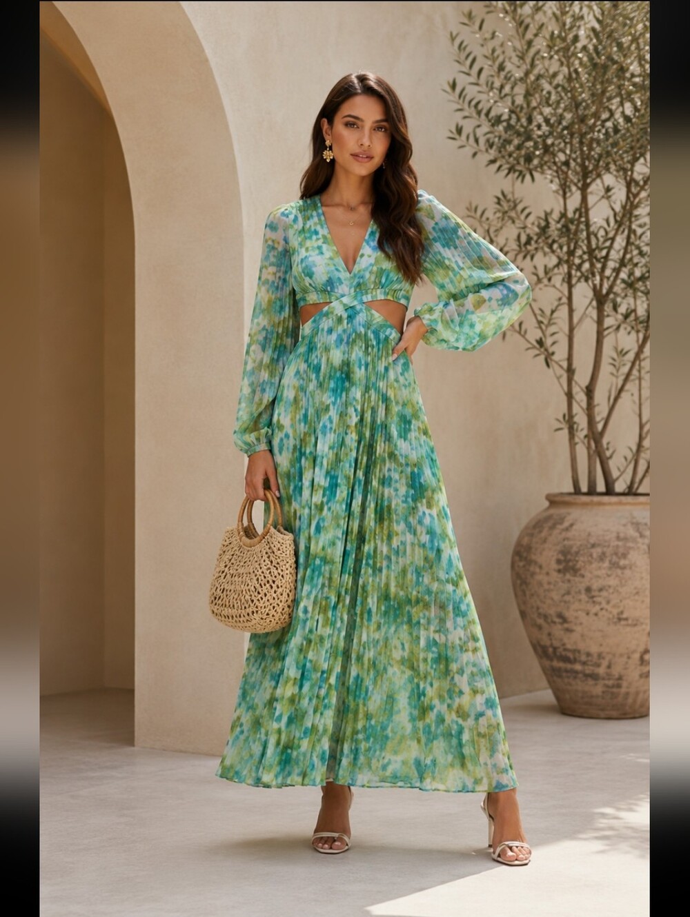 Astr Pleated Vibrant Blue and Green Long Sleeve Dress